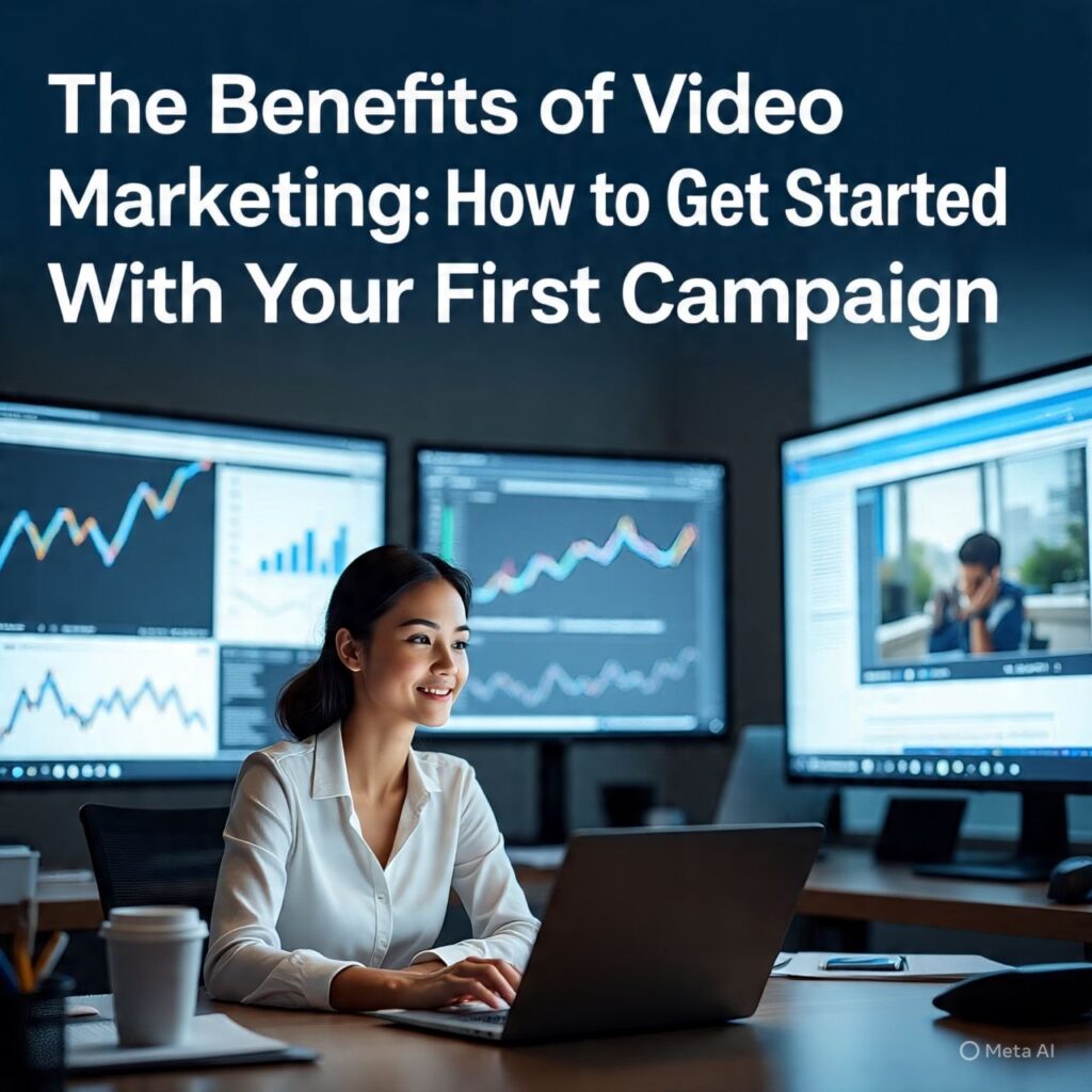 Illustration of a digital marketer launching a video campaign on multiple platforms, showcasing growth charts, engagement icons, and video play buttons to represent the benefits of video marketing.